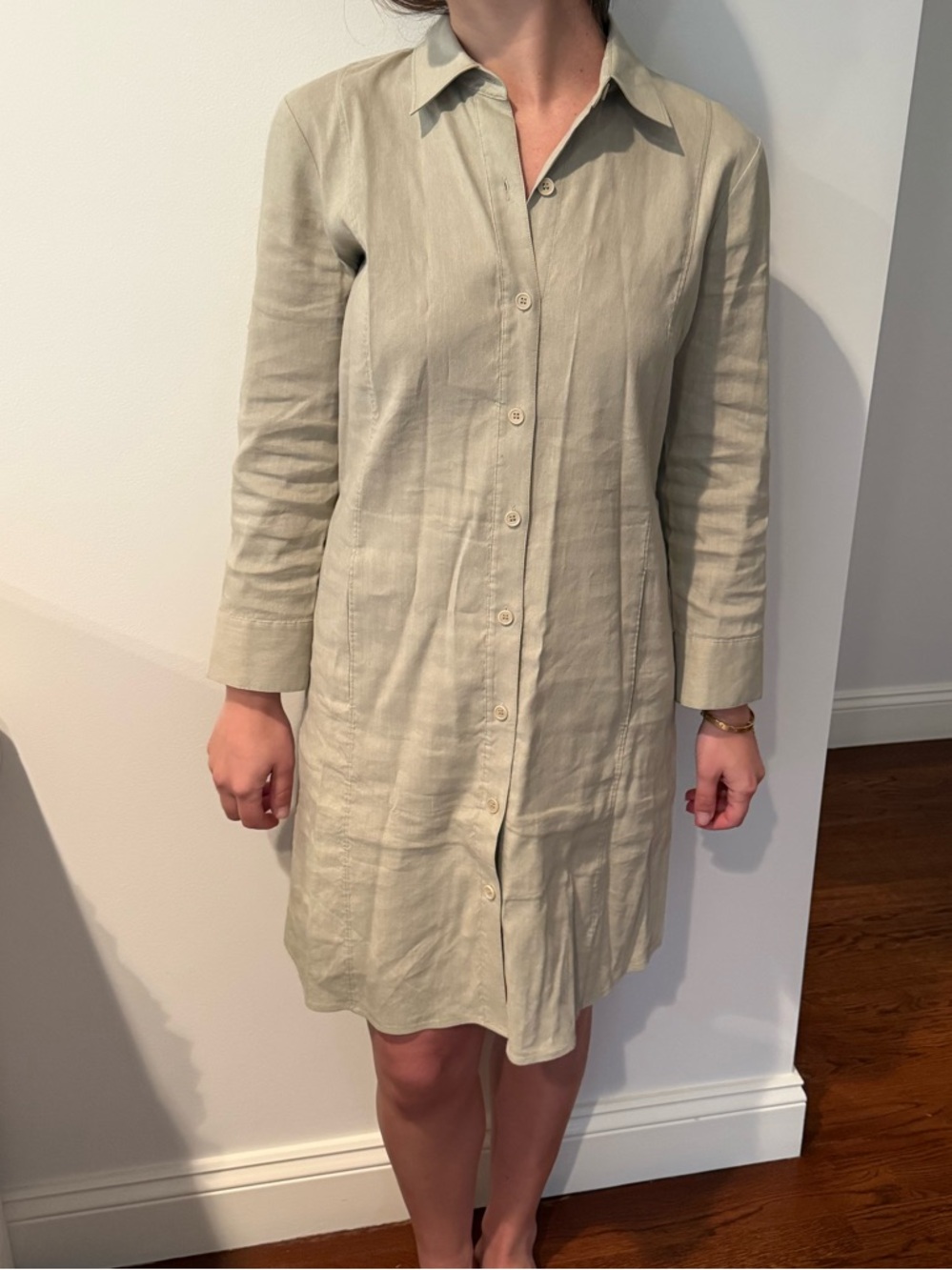 Theory Light Beige Long-Sleeve Button Shirt Dress